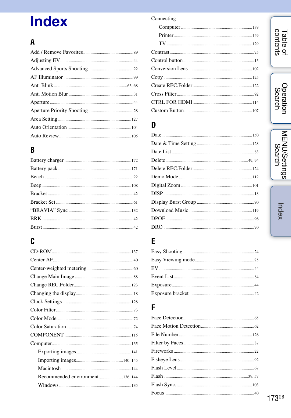 Index, De x | Sony DSC-HX1 User Manual | Page 173 / 176