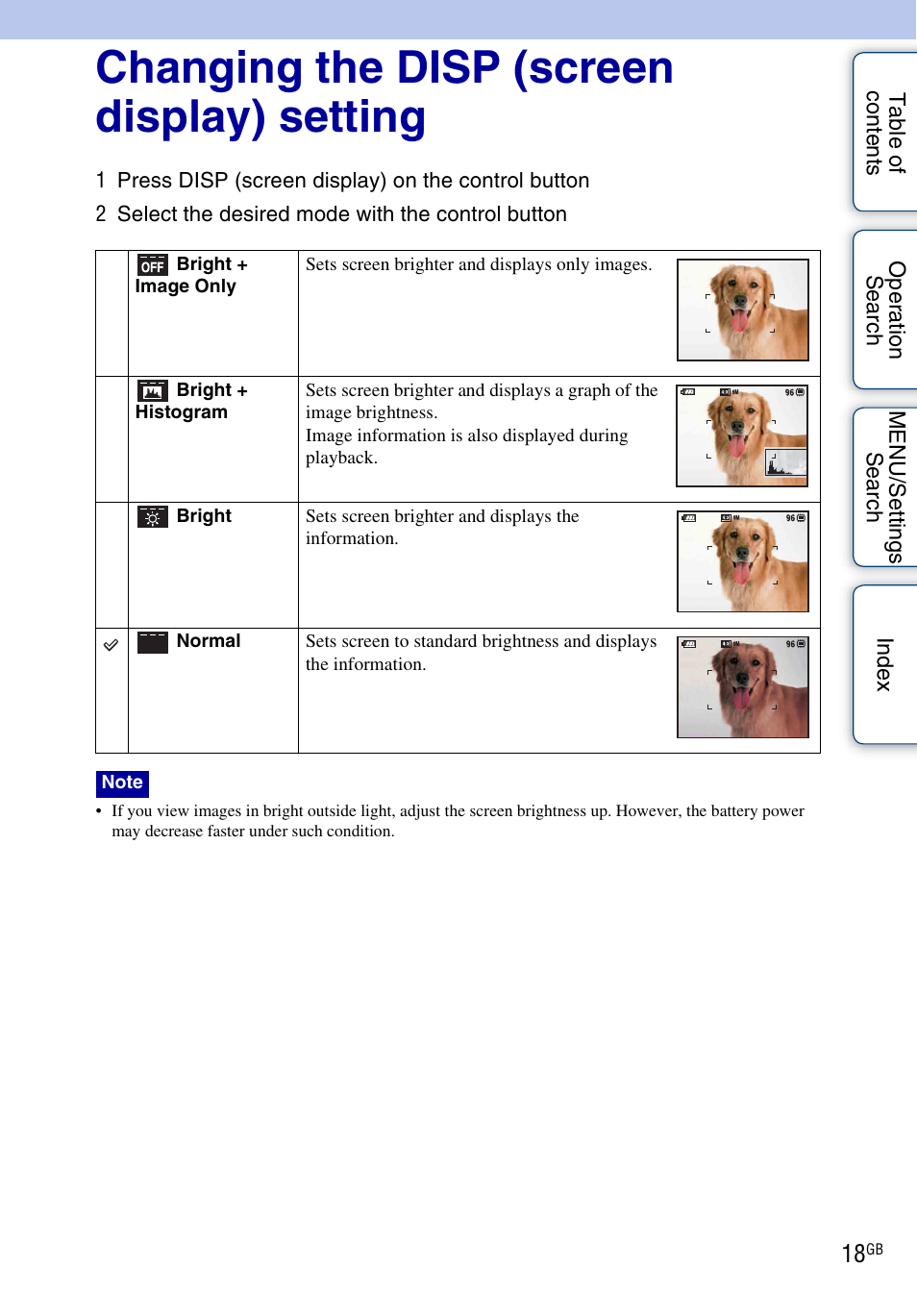 Changing the disp (screen display) setting | Sony DSC-HX1 User Manual | Page 18 / 176