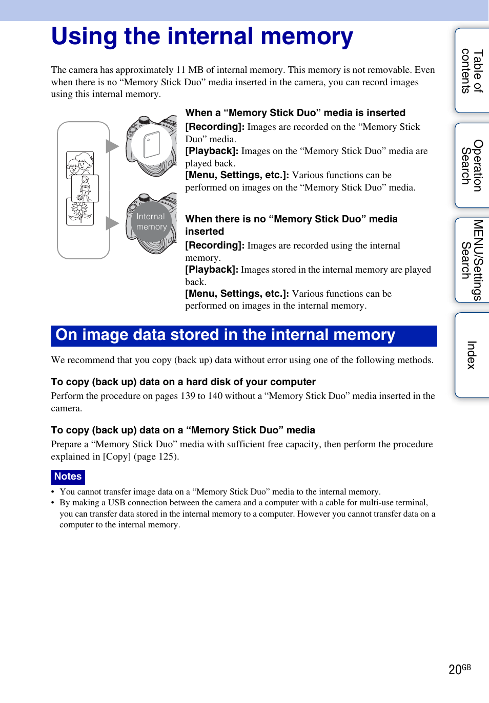 Using the internal memory | Sony DSC-HX1 User Manual | Page 20 / 176