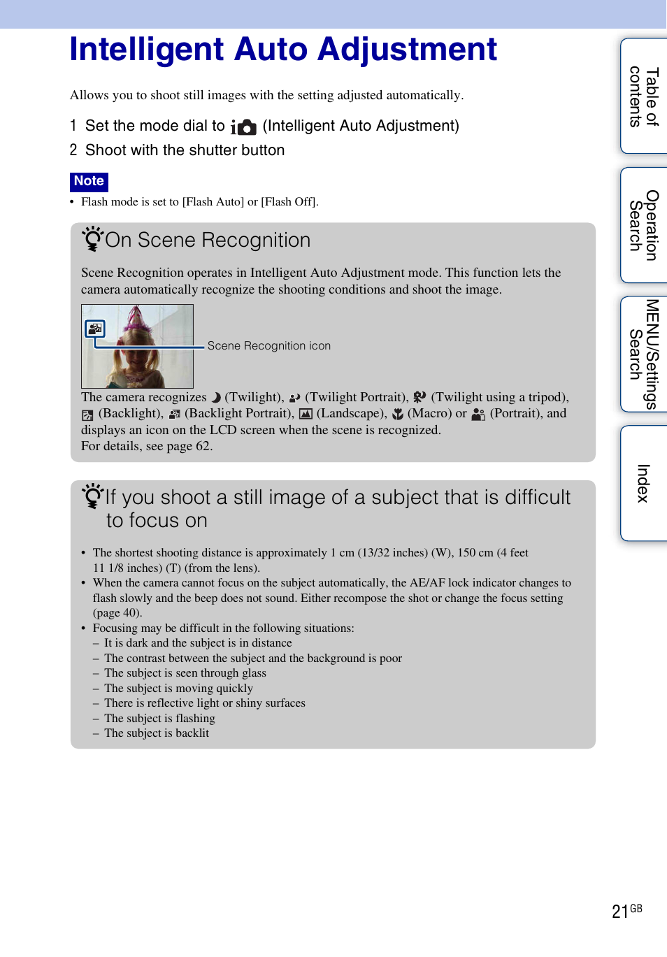 Intelligent auto adjustment, On scene recognition | Sony DSC-HX1 User Manual | Page 21 / 176