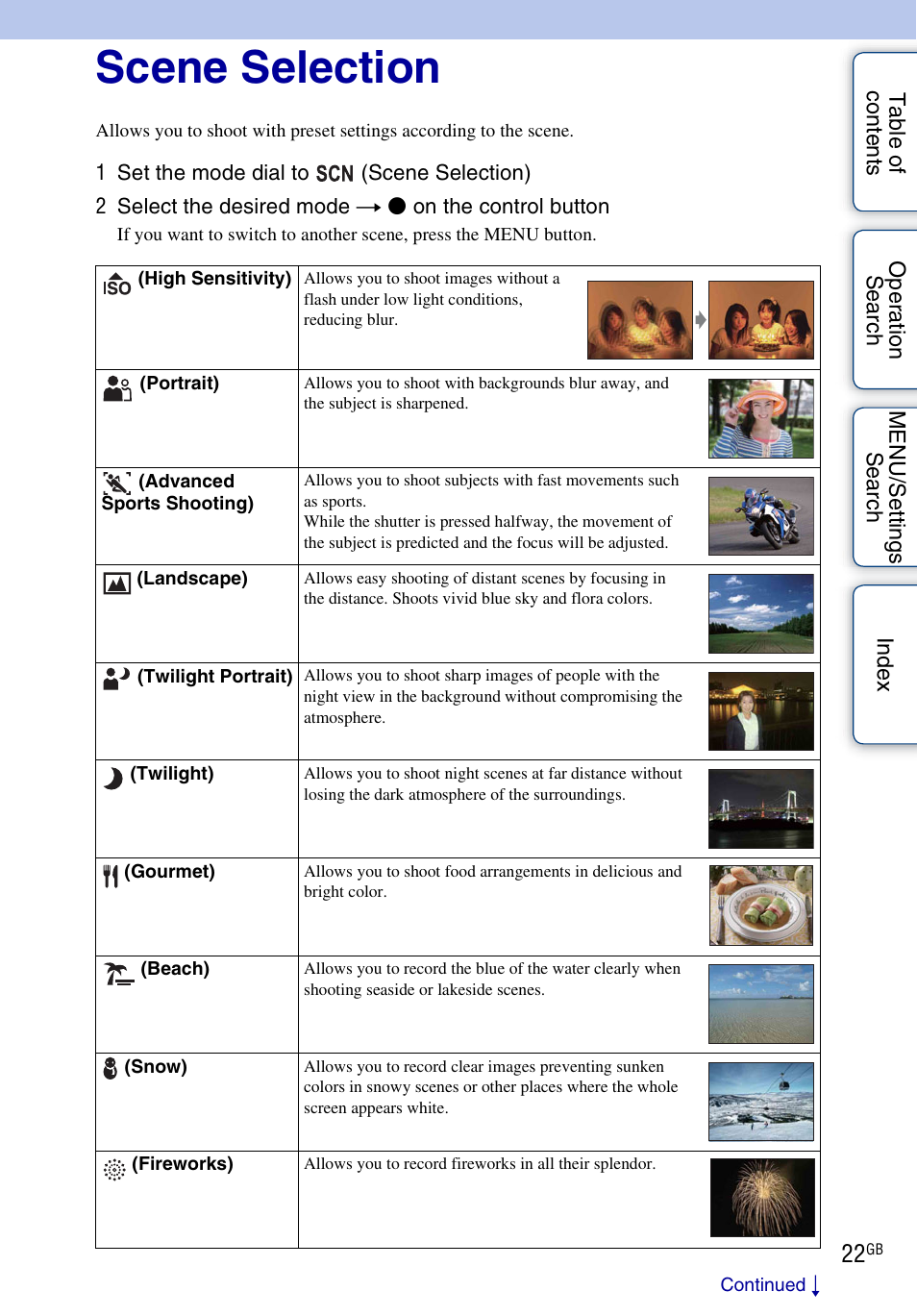 Scene selection | Sony DSC-HX1 User Manual | Page 22 / 176