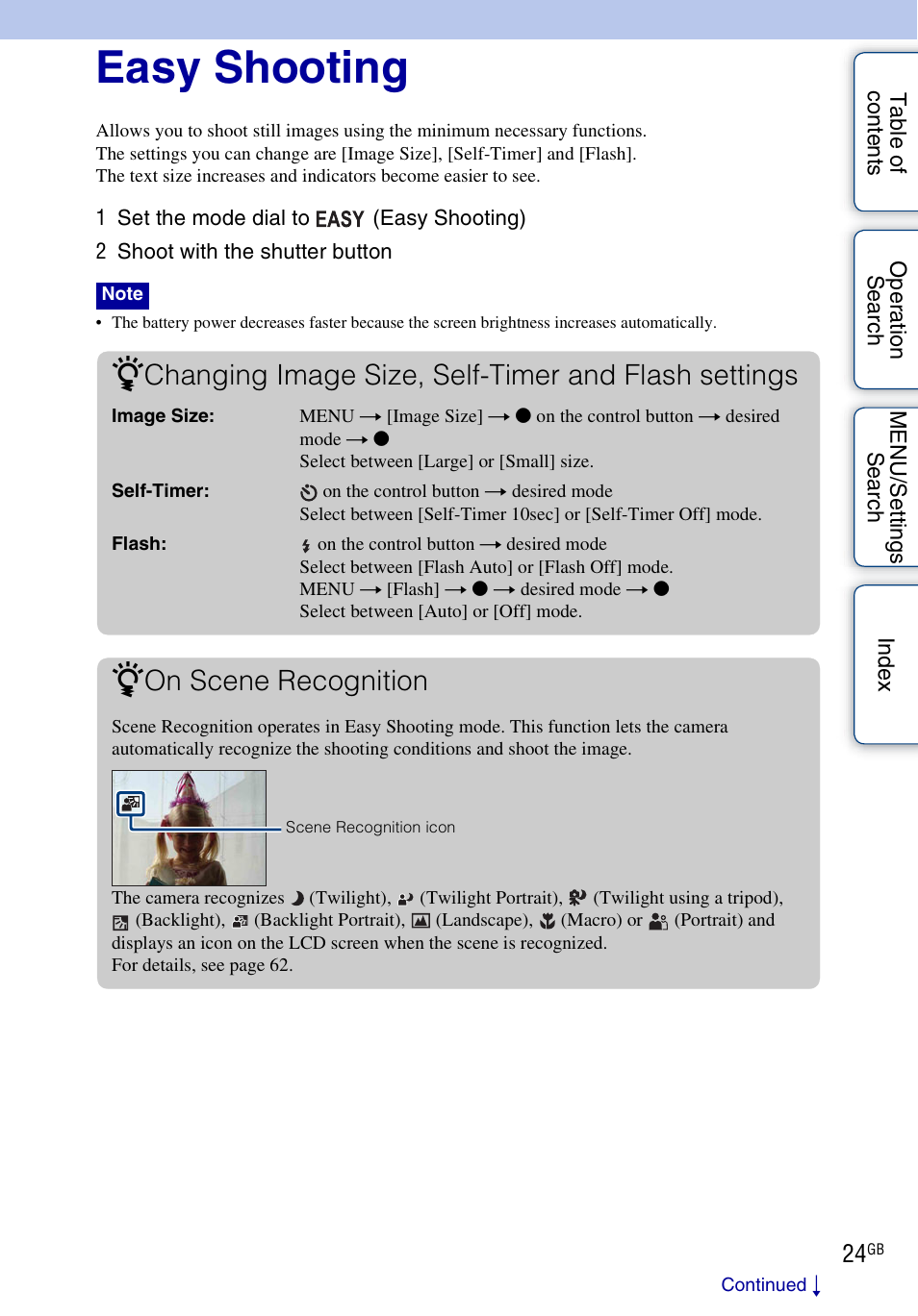 Easy shooting, Changing image size, self-timer and flash settings, On scene recognition | Sony DSC-HX1 User Manual | Page 24 / 176