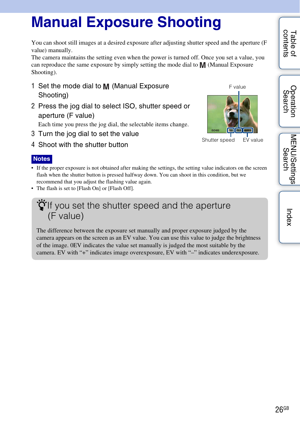 Manual exposure shooting | Sony DSC-HX1 User Manual | Page 26 / 176