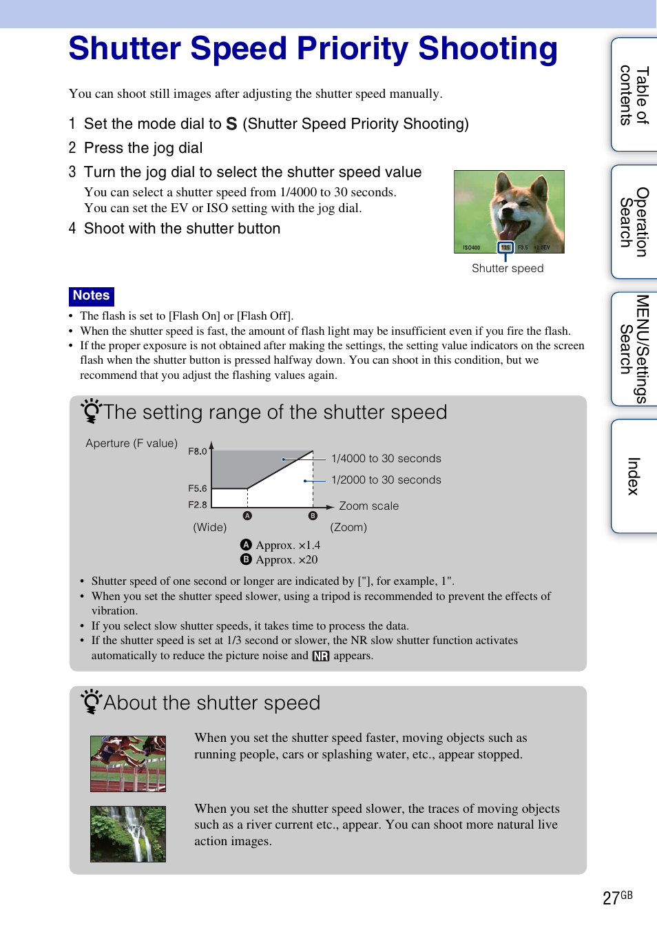 Shutter speed priority shooting, The setting range of the shutter speed, About the shutter speed | Sony DSC-HX1 User Manual | Page 27 / 176