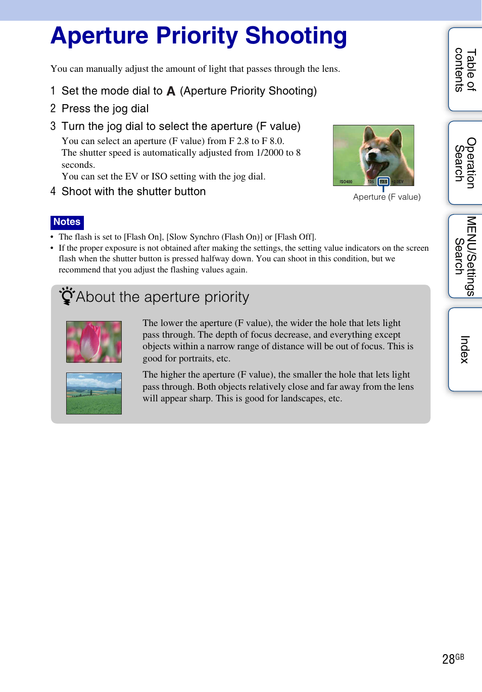 Aperture priority shooting, About the aperture priority | Sony DSC-HX1 User Manual | Page 28 / 176