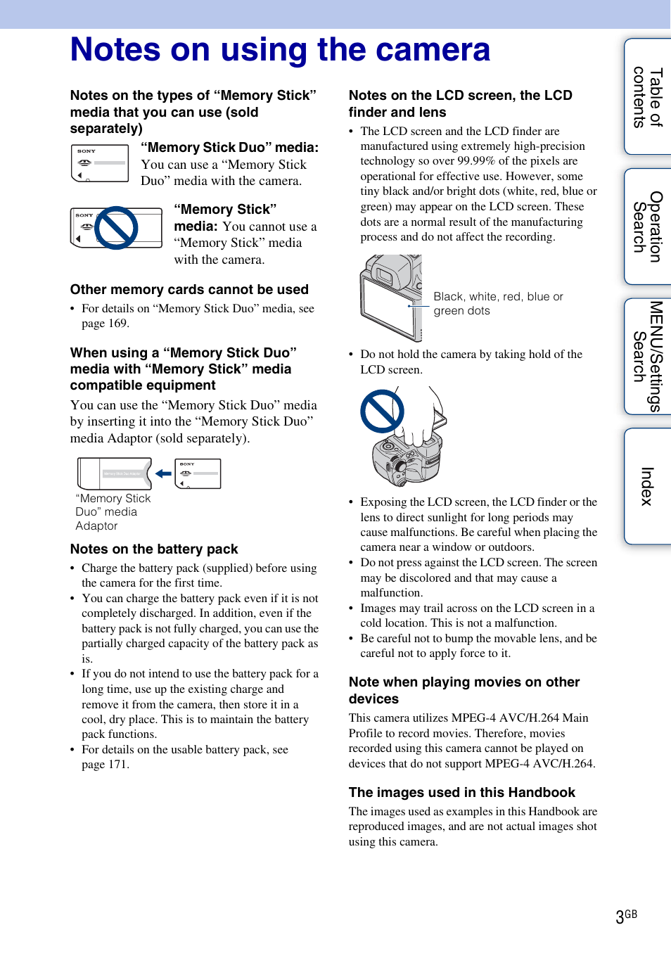 Notes on using the camera | Sony DSC-HX1 User Manual | Page 3 / 176