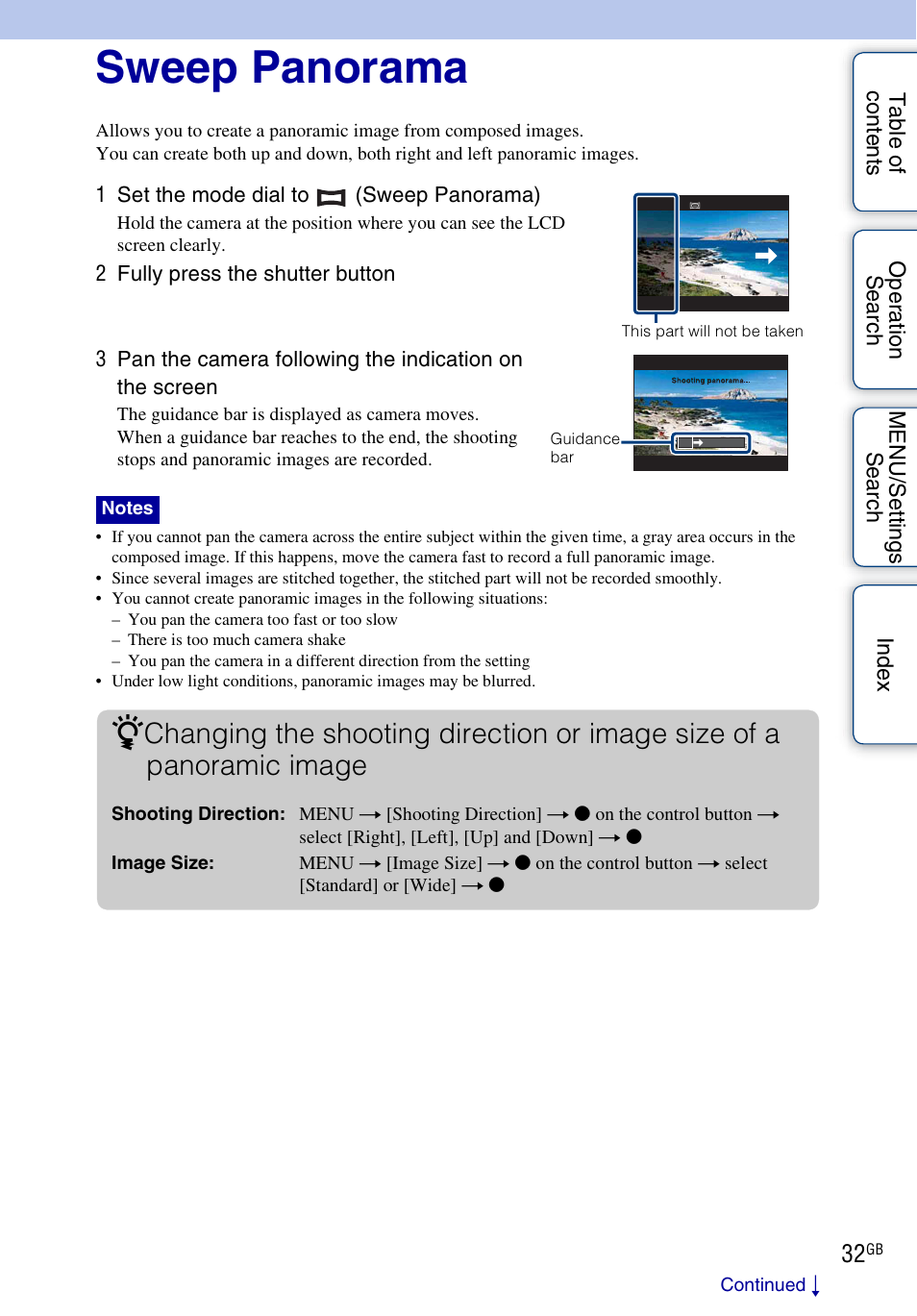 Sweep panorama | Sony DSC-HX1 User Manual | Page 32 / 176