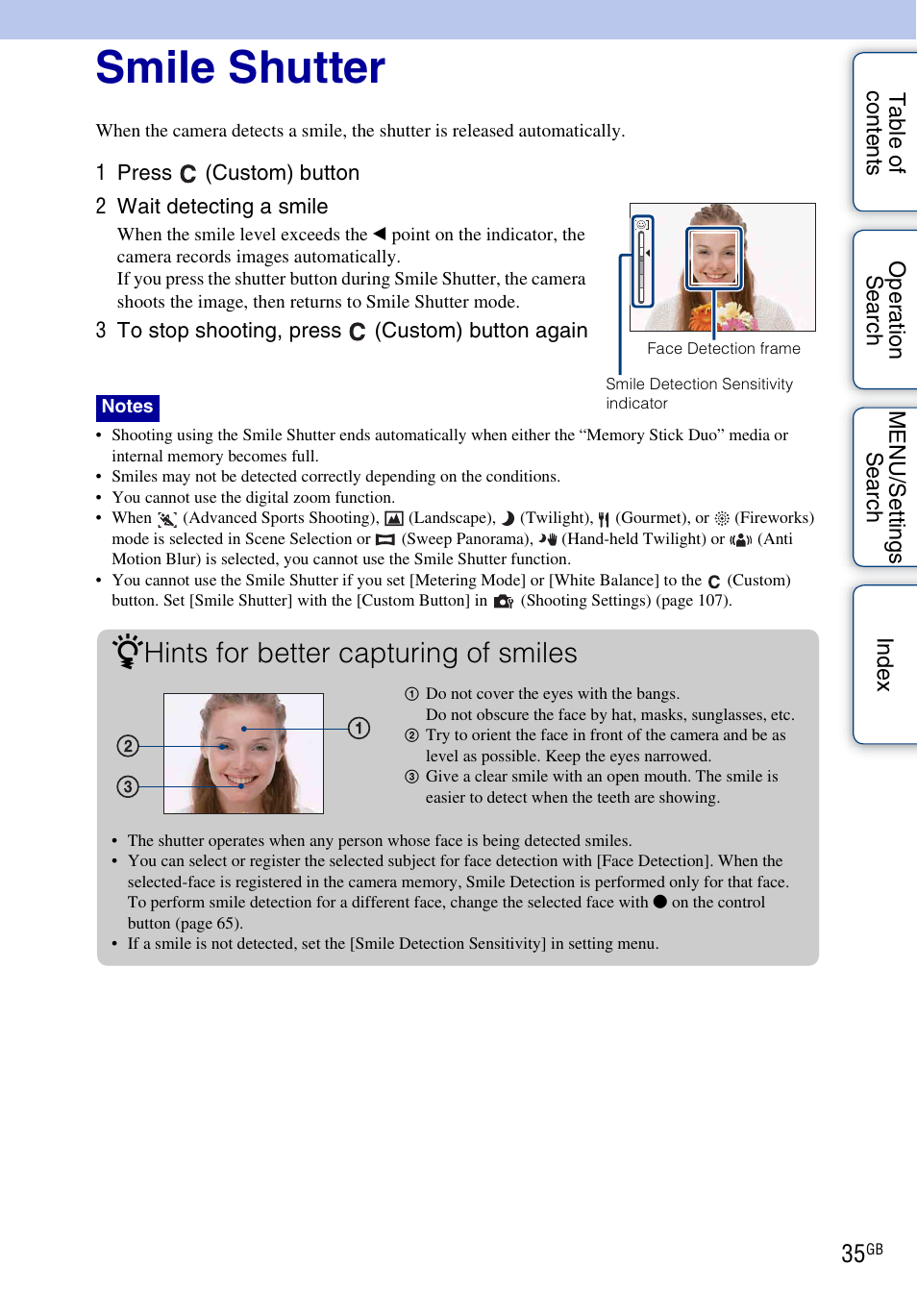 Smile shutter, Hints for better capturing of smiles | Sony DSC-HX1 User Manual | Page 35 / 176