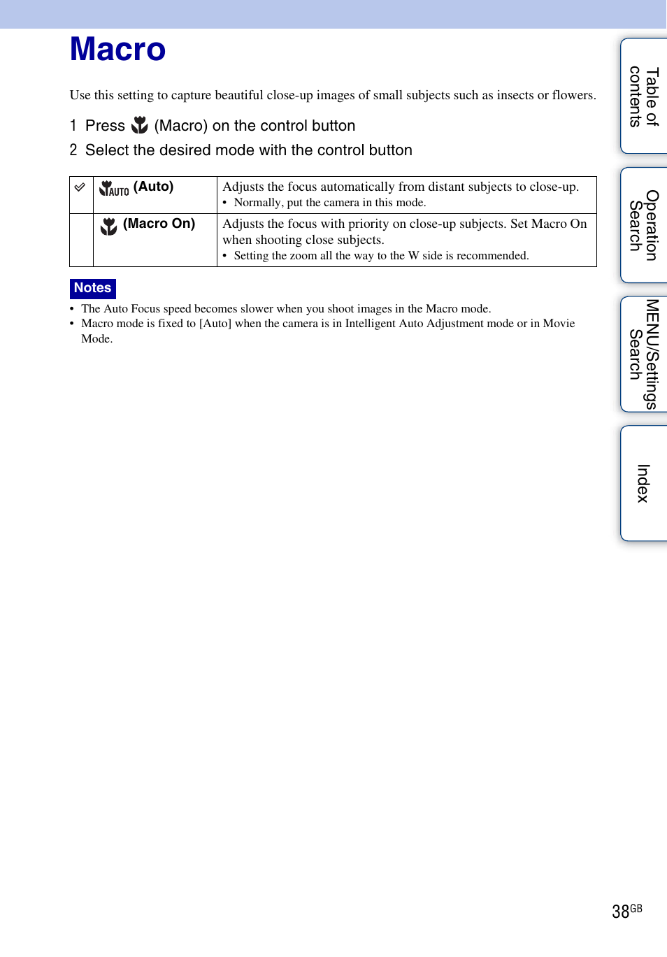 Macro | Sony DSC-HX1 User Manual | Page 38 / 176