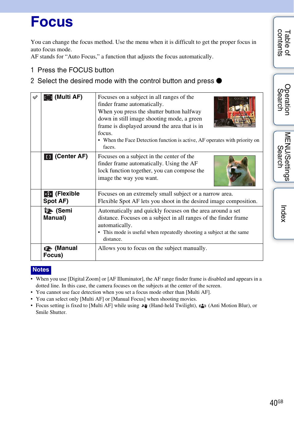 Focus | Sony DSC-HX1 User Manual | Page 40 / 176