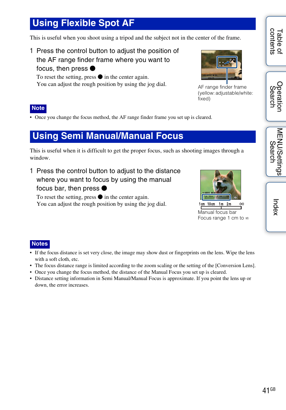 Using flexible spot af, Using semi manual/manual focus | Sony DSC-HX1 User Manual | Page 41 / 176