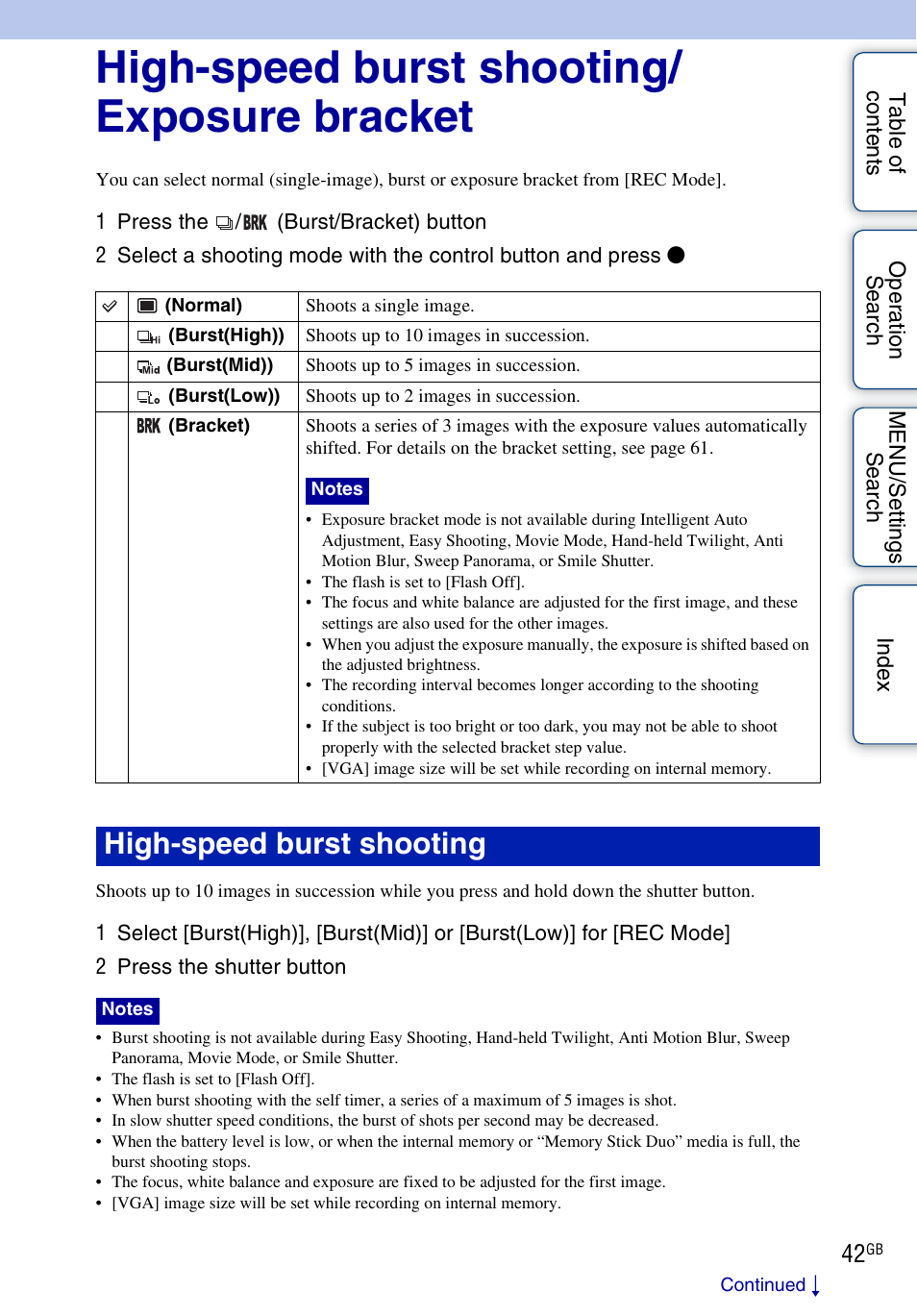 High-speed burst shooting/ exposure bracket, High-speed burst shooting | Sony DSC-HX1 User Manual | Page 42 / 176