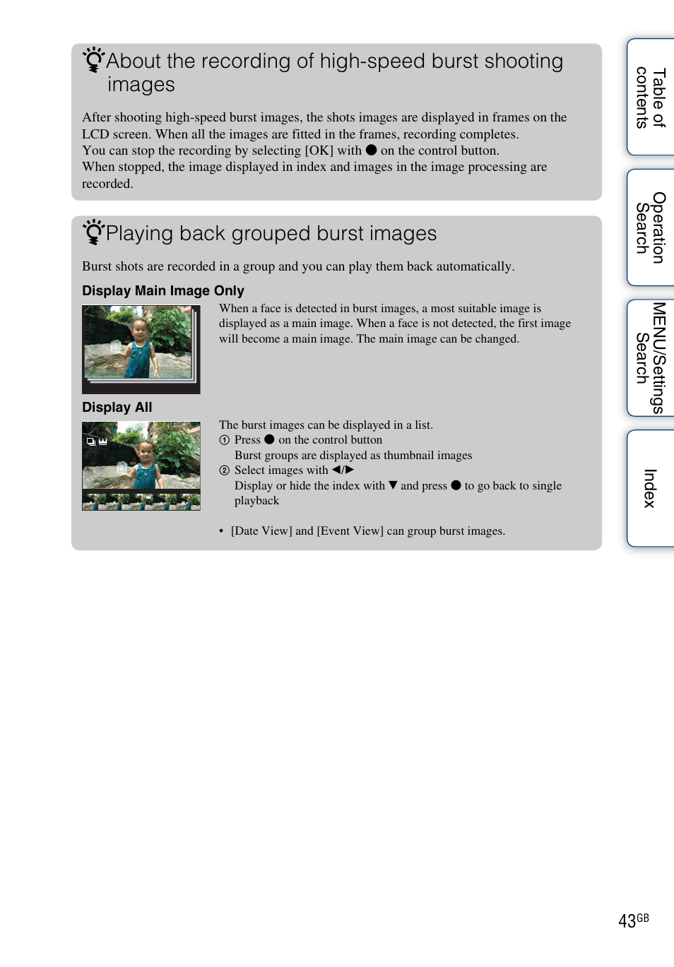 Playing back grouped burst images | Sony DSC-HX1 User Manual | Page 43 / 176