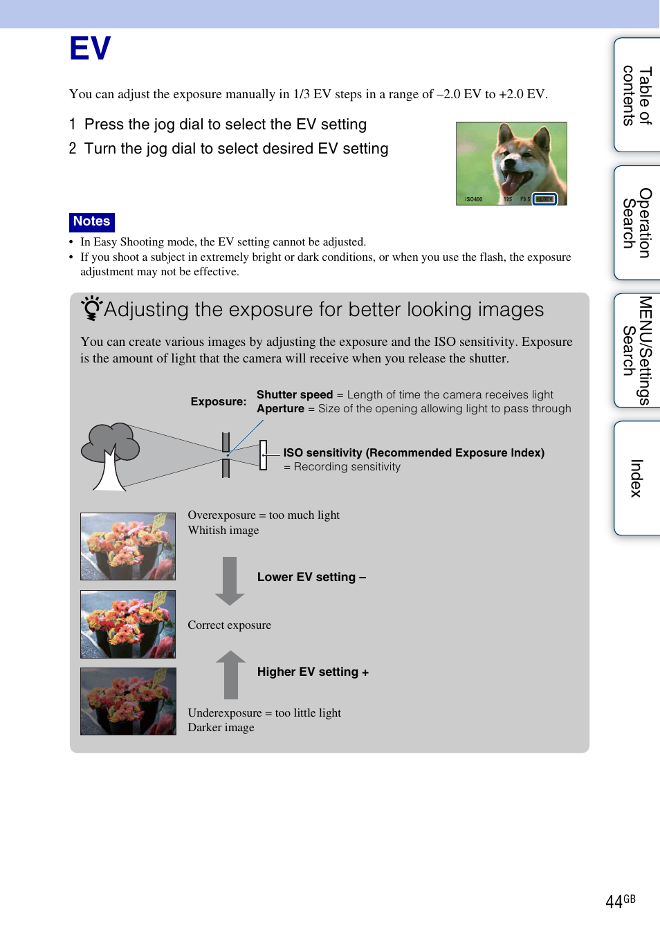 Adjusting the exposure for better looking images | Sony DSC-HX1 User Manual | Page 44 / 176