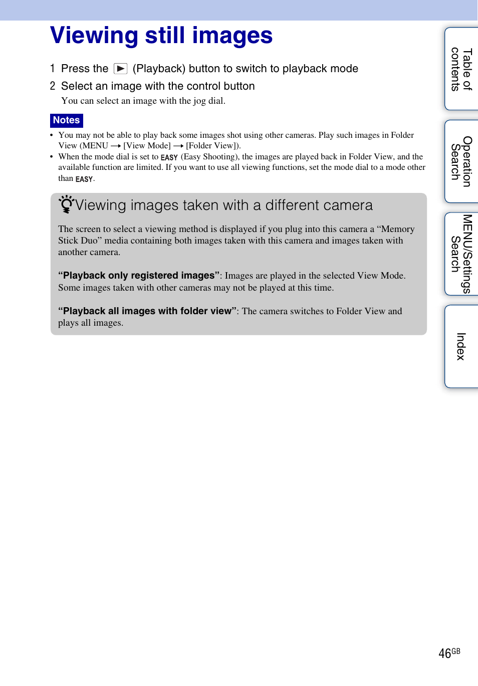 Viewing still images, Viewing images taken with a different camera | Sony DSC-HX1 User Manual | Page 46 / 176