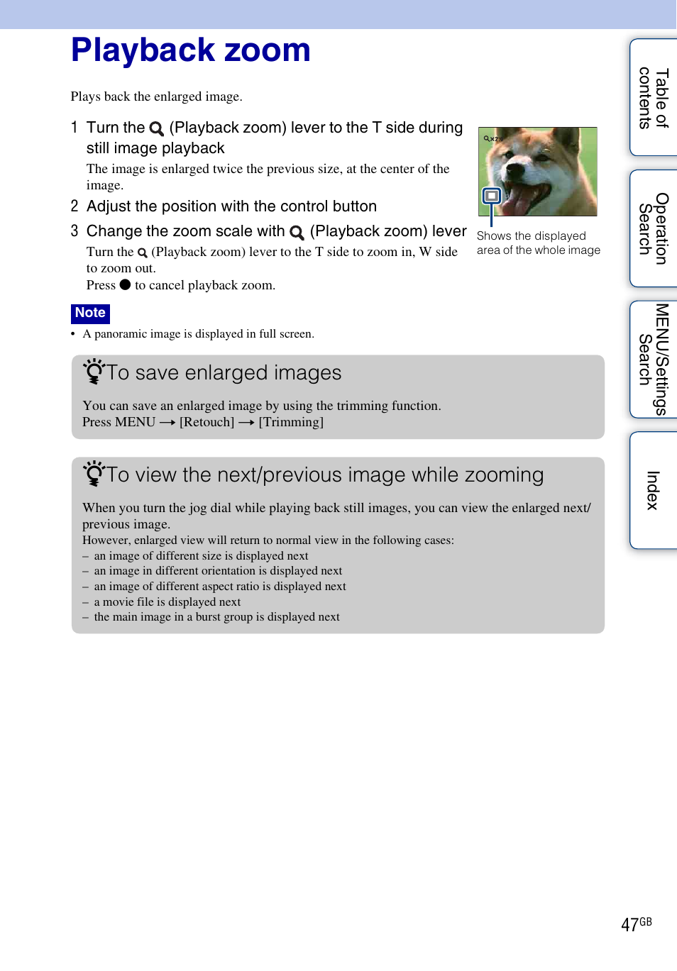 Playback zoom | Sony DSC-HX1 User Manual | Page 47 / 176