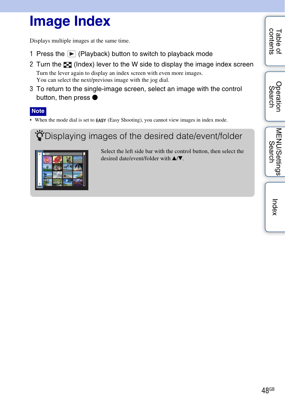 Image index, Displaying images of the desired date/event/folder | Sony DSC-HX1 User Manual | Page 48 / 176