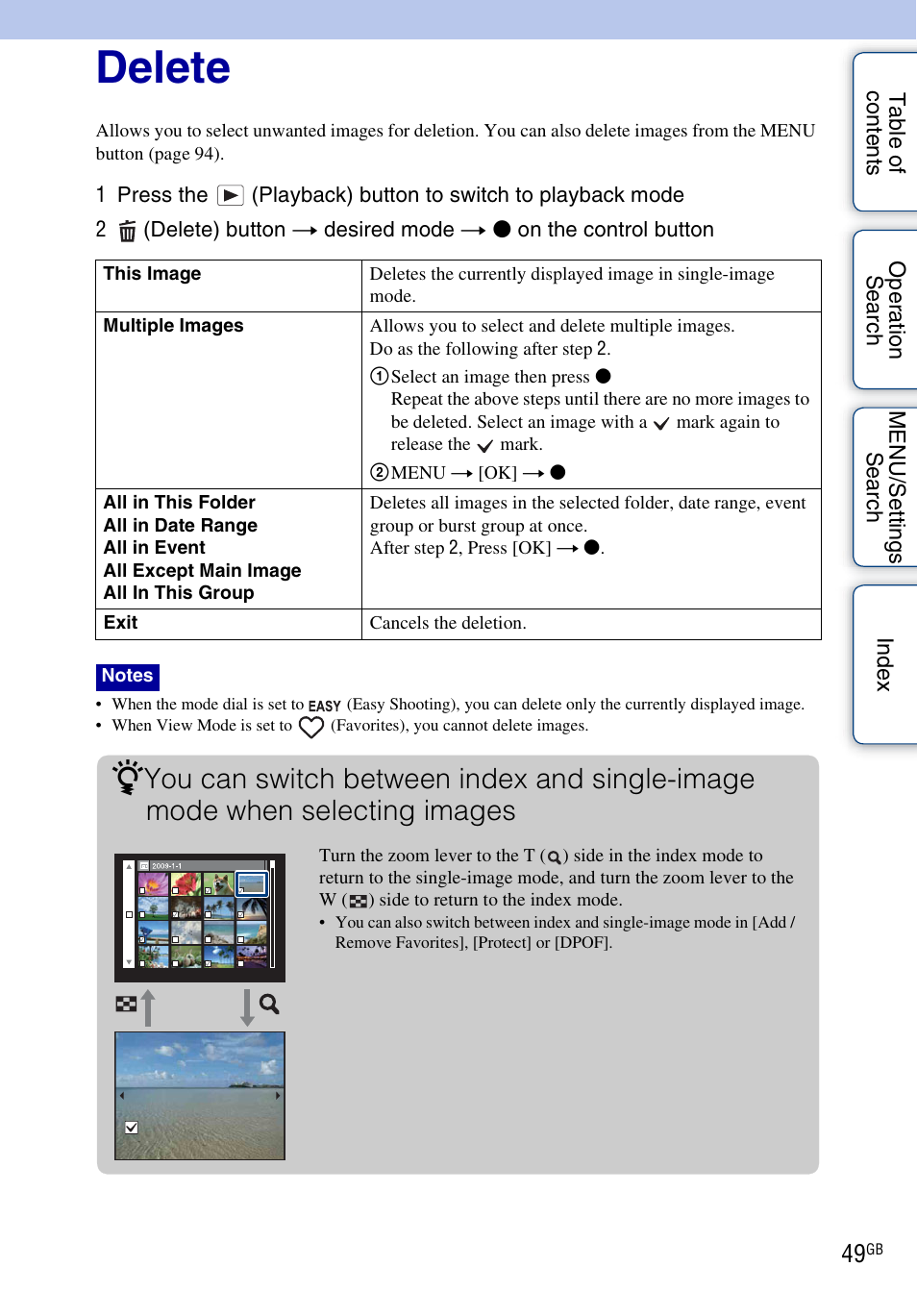 Delete | Sony DSC-HX1 User Manual | Page 49 / 176