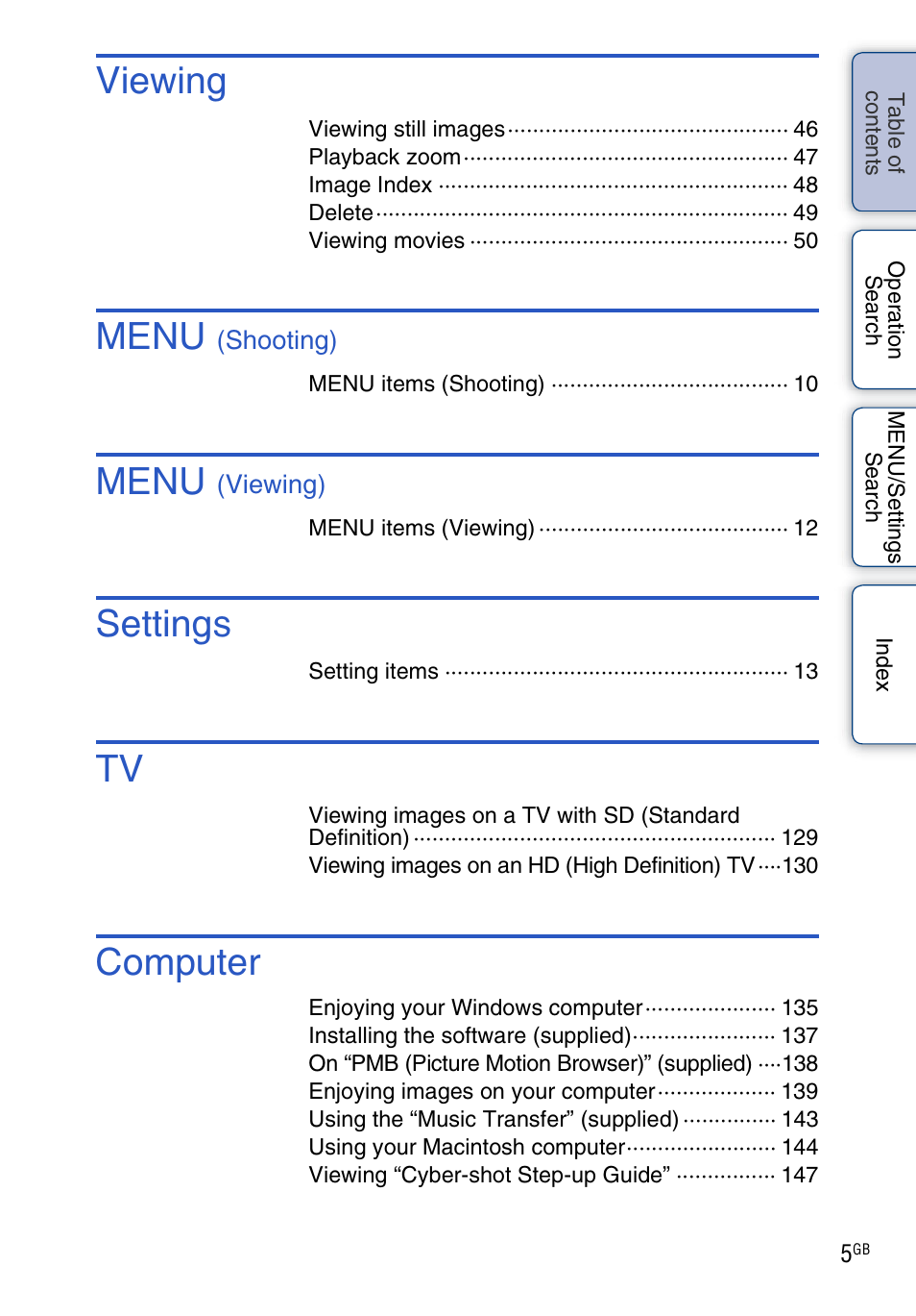 Viewing, Menu, Settings | Computer | Sony DSC-HX1 User Manual | Page 5 / 176