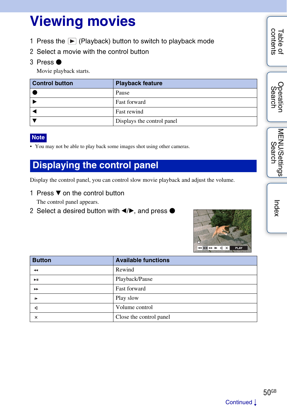 Viewing movies, Displaying the control panel | Sony DSC-HX1 User Manual | Page 50 / 176