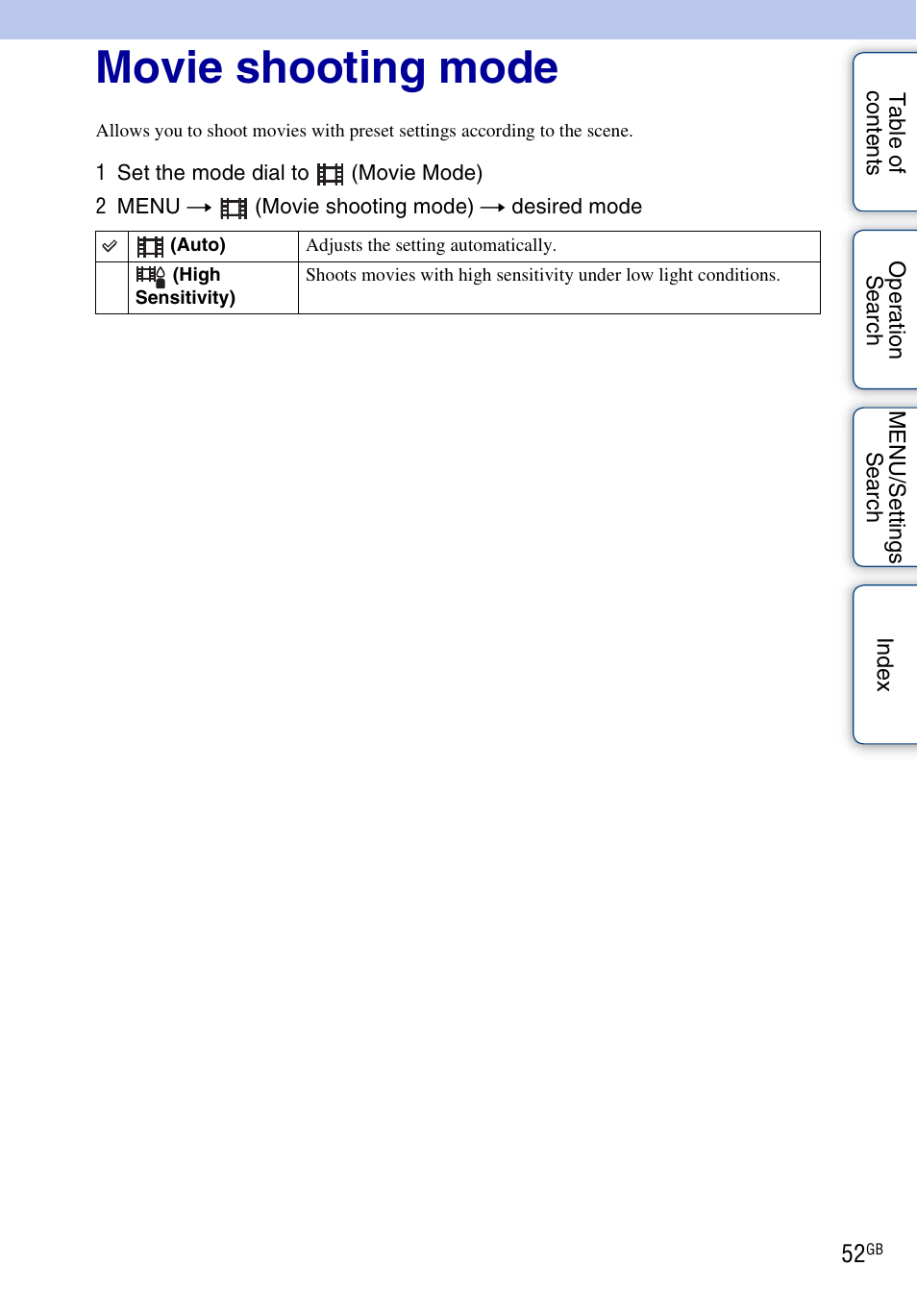 Movie shooting mode | Sony DSC-HX1 User Manual | Page 52 / 176