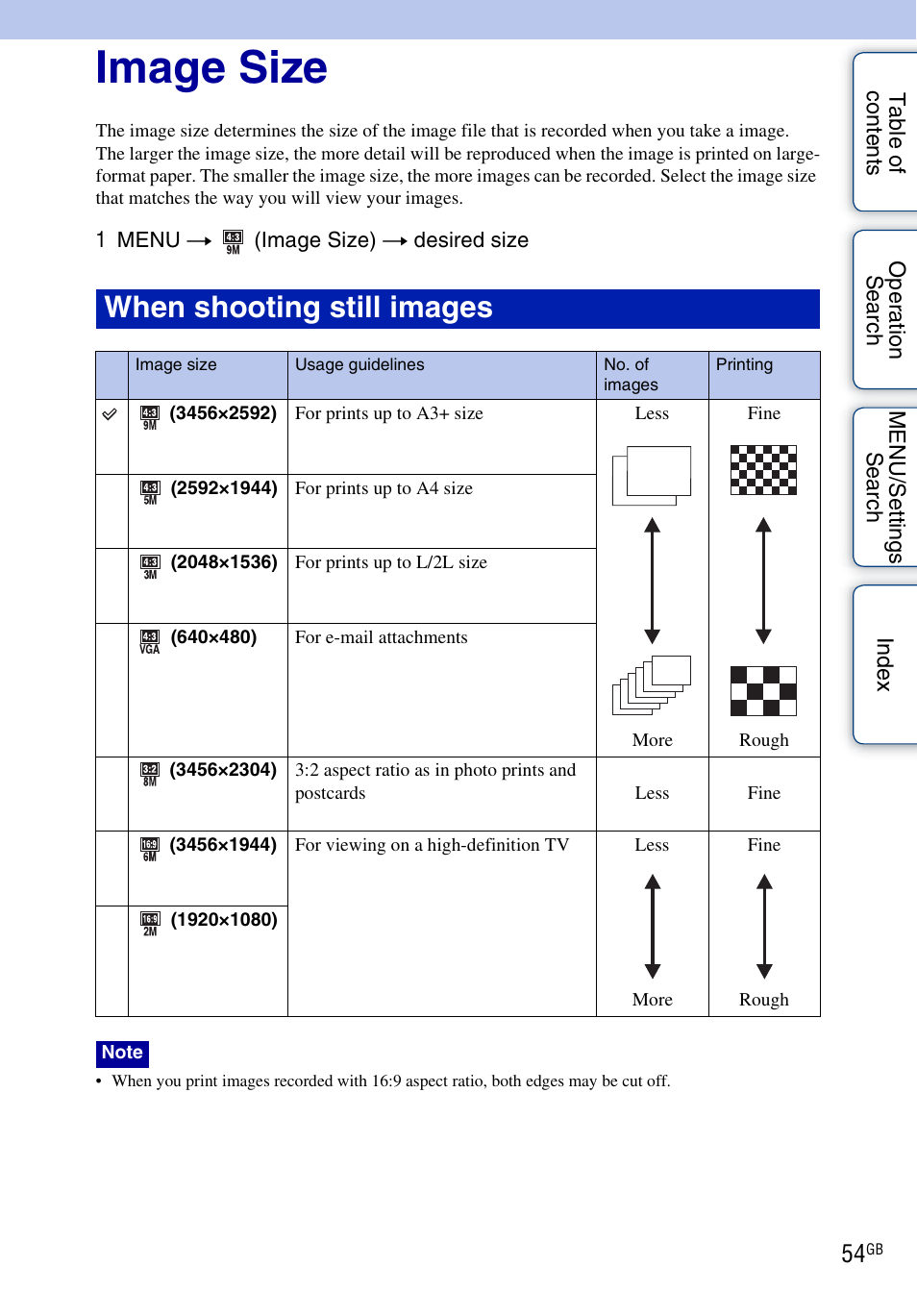 Image size, When shooting still images | Sony DSC-HX1 User Manual | Page 54 / 176