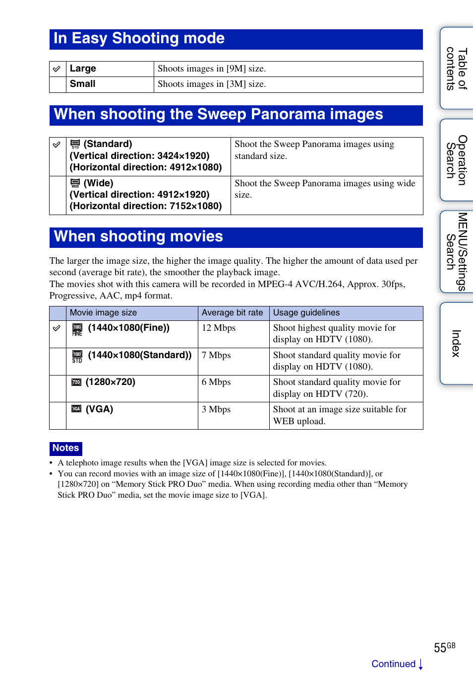 When shooting the sweep panorama images, When shooting movies | Sony DSC-HX1 User Manual | Page 55 / 176