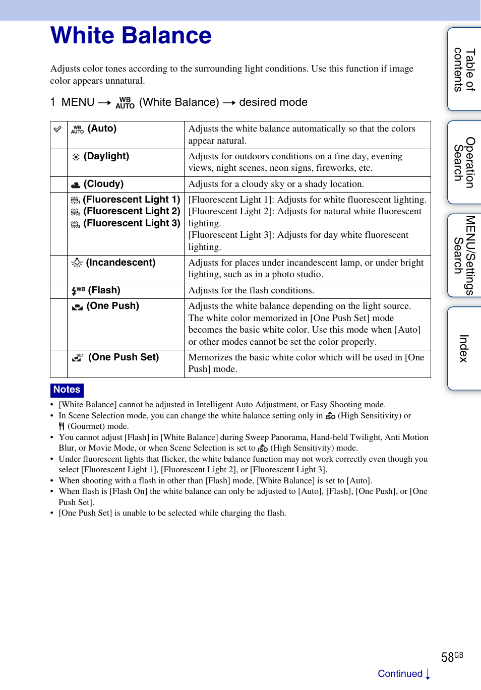 White balance | Sony DSC-HX1 User Manual | Page 58 / 176