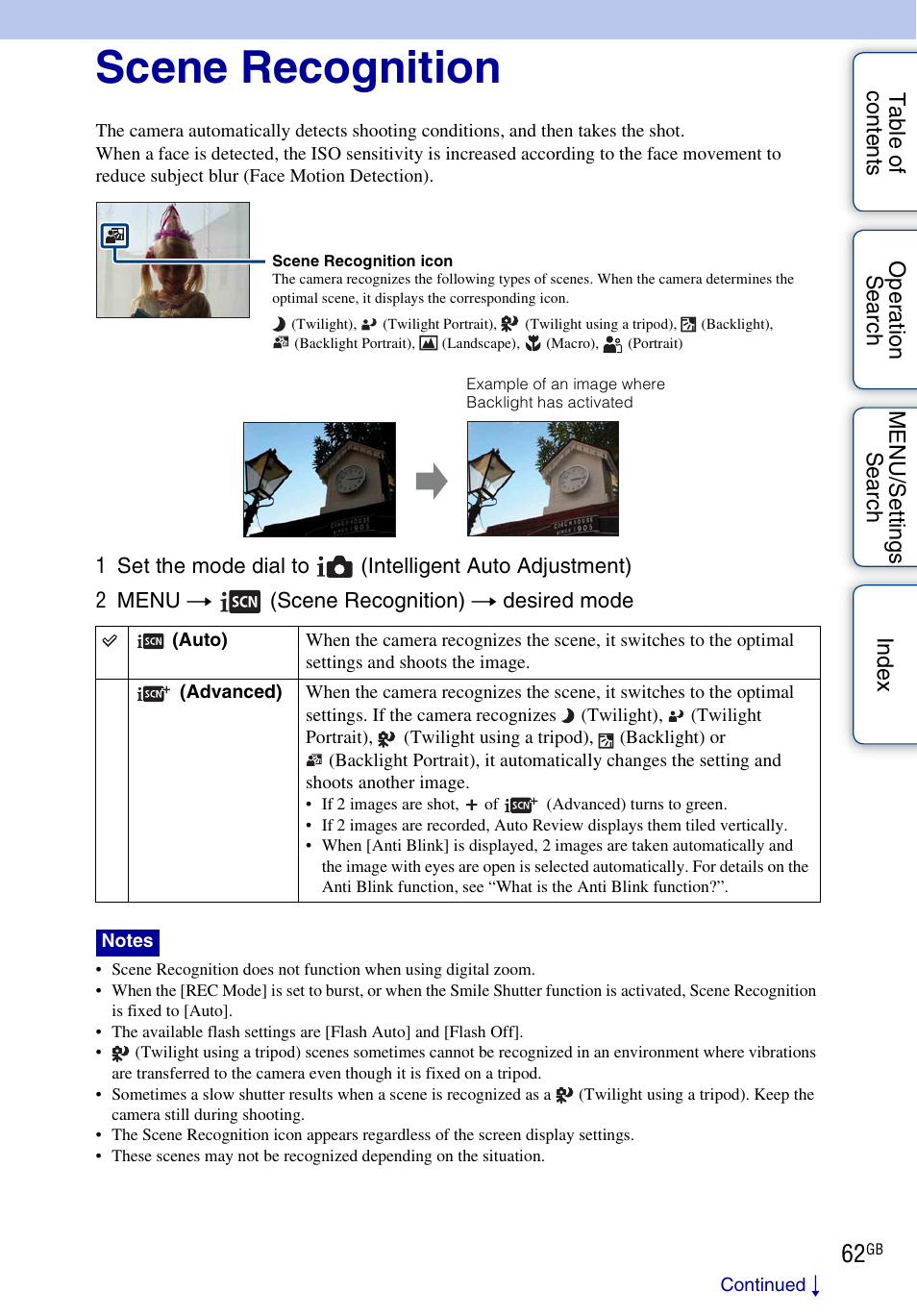 Scene recognition | Sony DSC-HX1 User Manual | Page 62 / 176