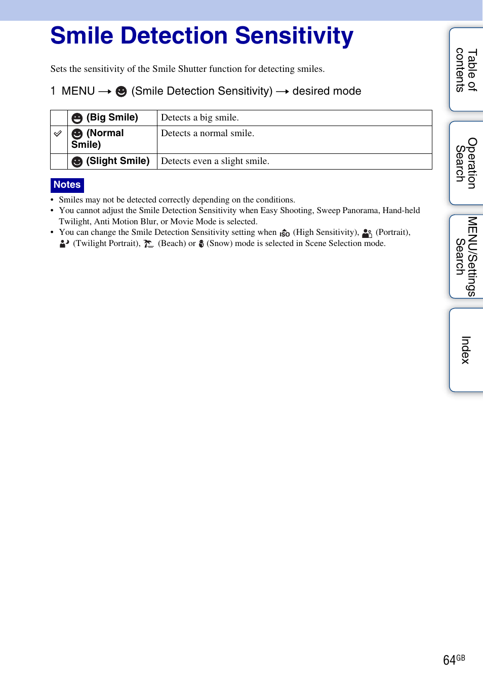 Smile detection sensitivity | Sony DSC-HX1 User Manual | Page 64 / 176