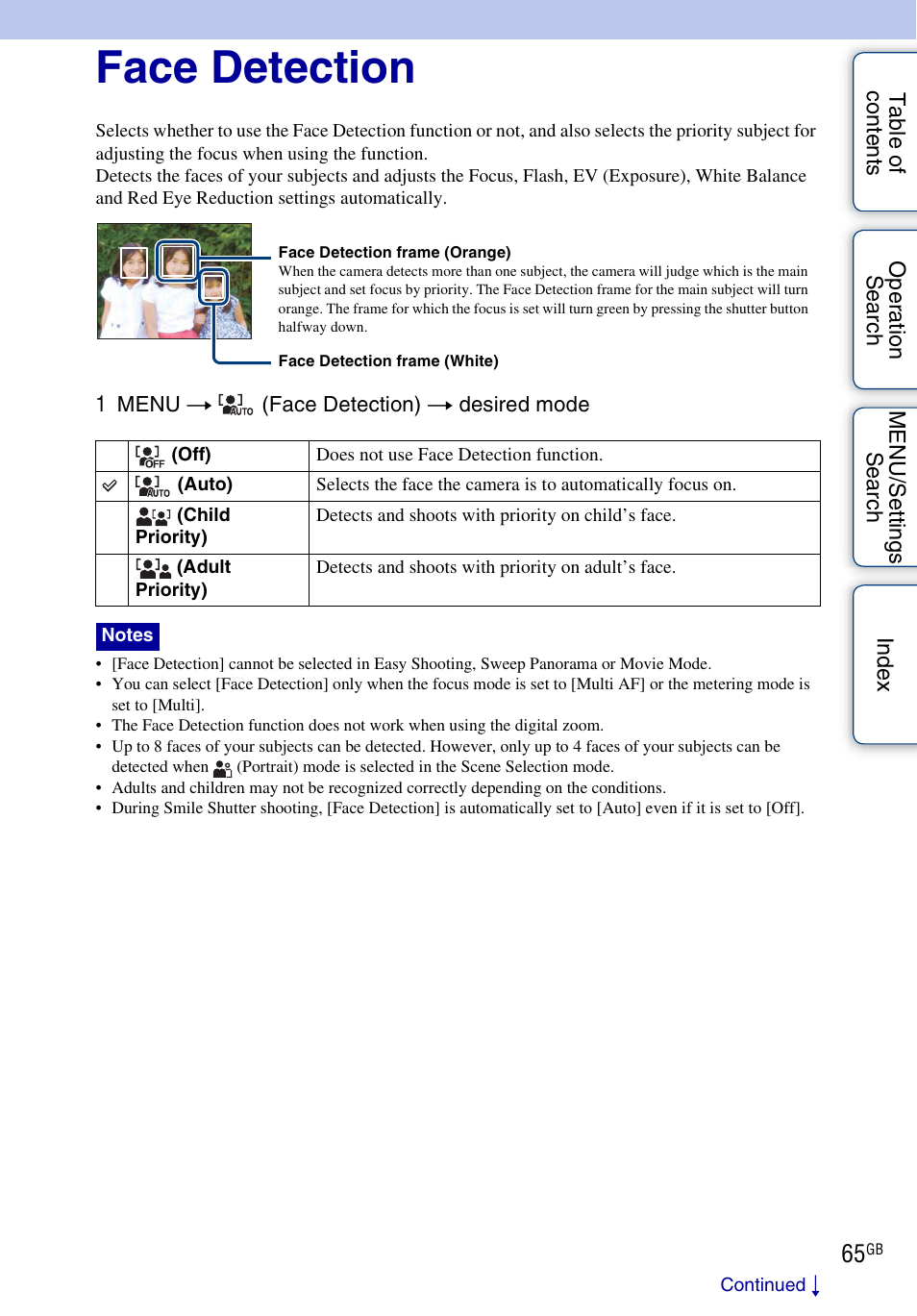 Face detection | Sony DSC-HX1 User Manual | Page 65 / 176