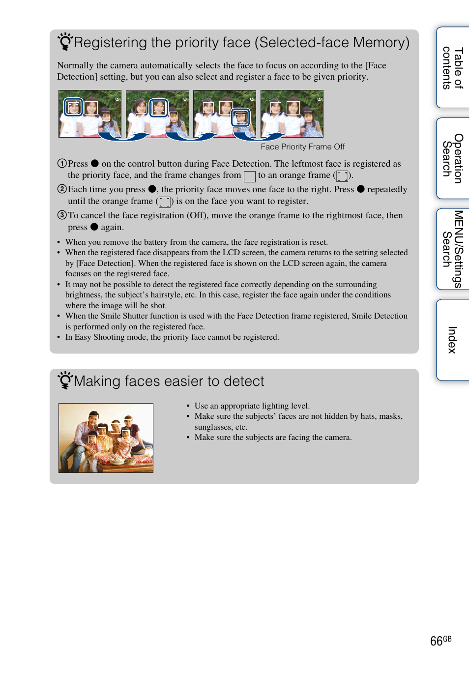 Making faces easier to detect | Sony DSC-HX1 User Manual | Page 66 / 176