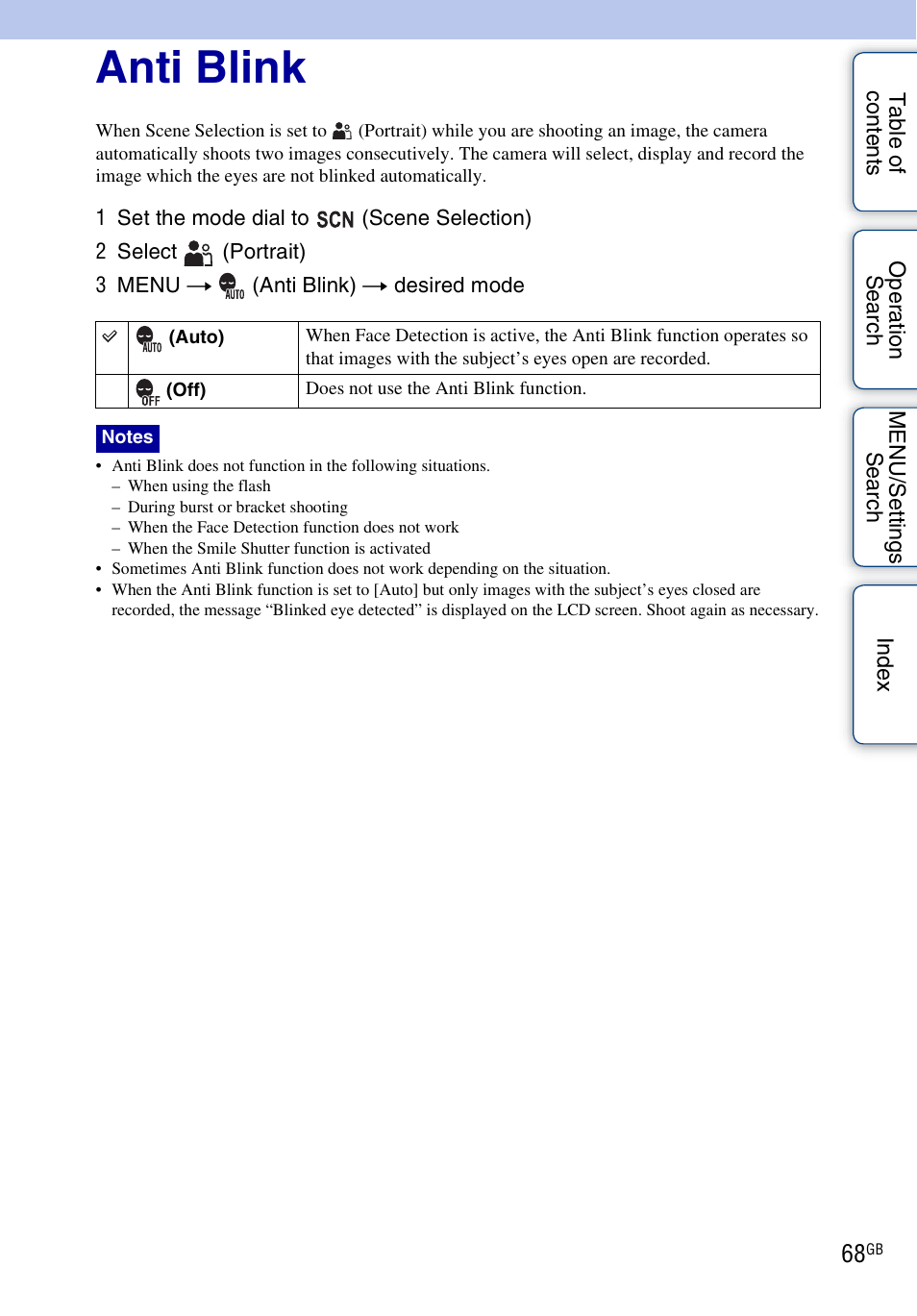 Anti blink | Sony DSC-HX1 User Manual | Page 68 / 176