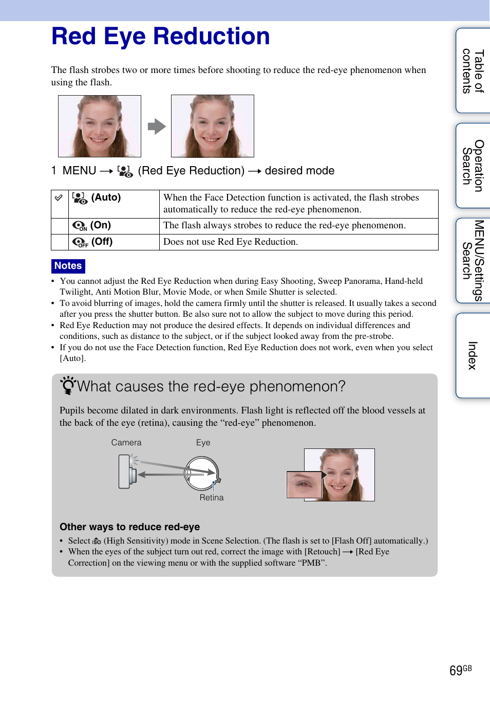 Red eye reduction, What causes the red-eye phenomenon | Sony DSC-HX1 User Manual | Page 69 / 176