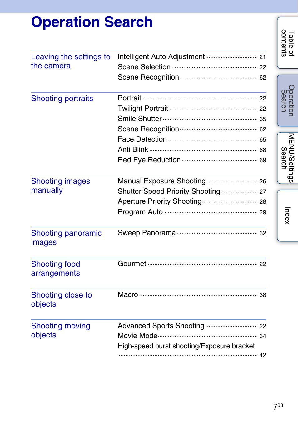 Operation search, Perat, Earc | Sony DSC-HX1 User Manual | Page 7 / 176