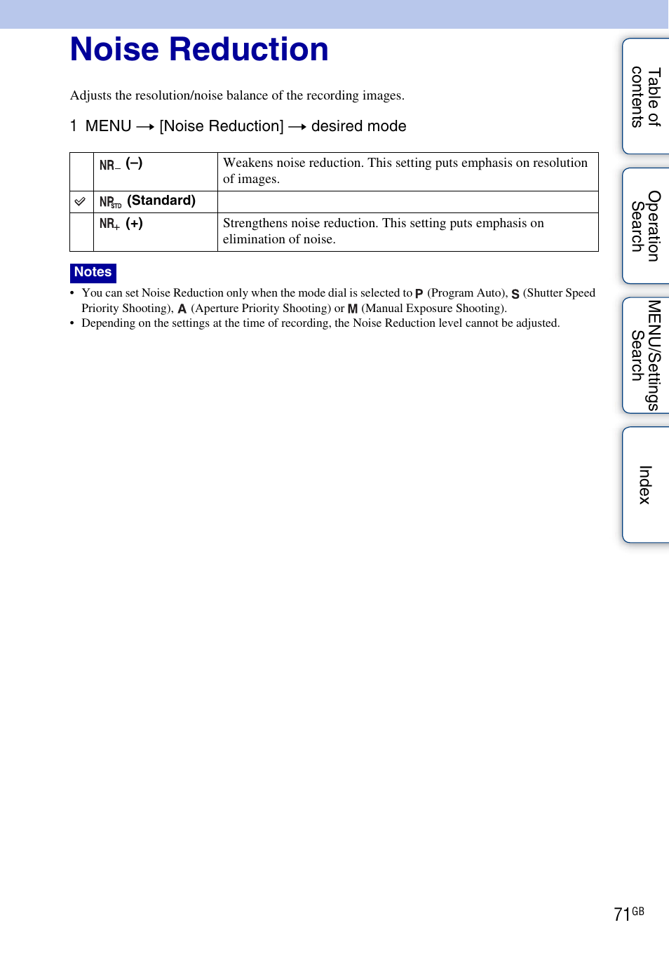 Noise reduction | Sony DSC-HX1 User Manual | Page 71 / 176