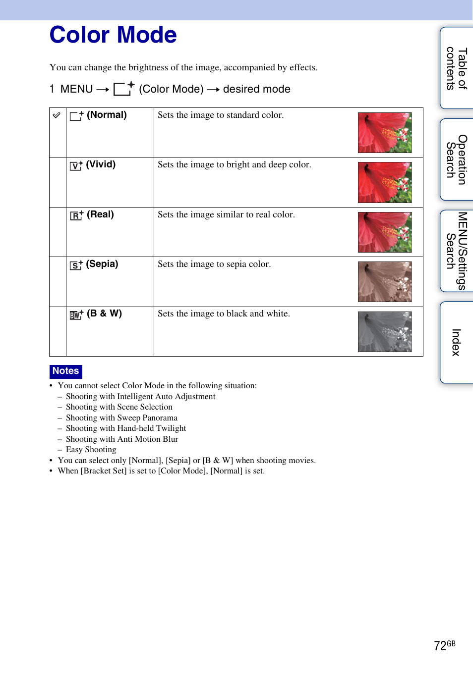 Color mode | Sony DSC-HX1 User Manual | Page 72 / 176