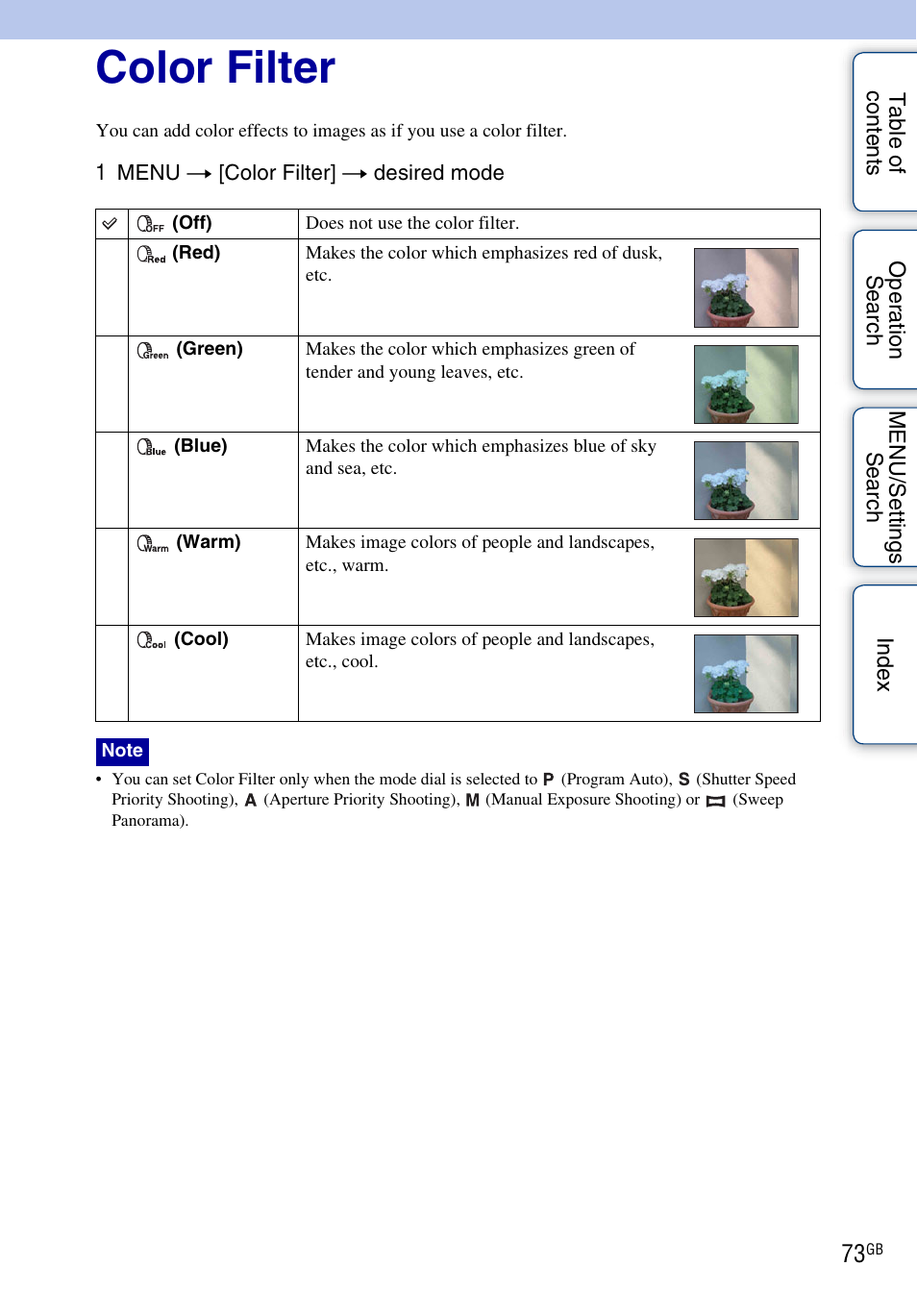 Color filter | Sony DSC-HX1 User Manual | Page 73 / 176