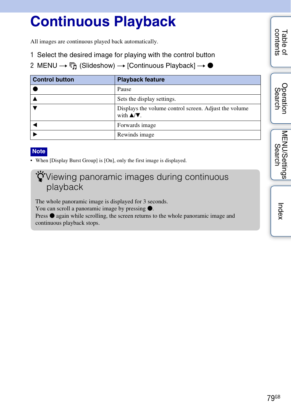 Continuous playback | Sony DSC-HX1 User Manual | Page 79 / 176