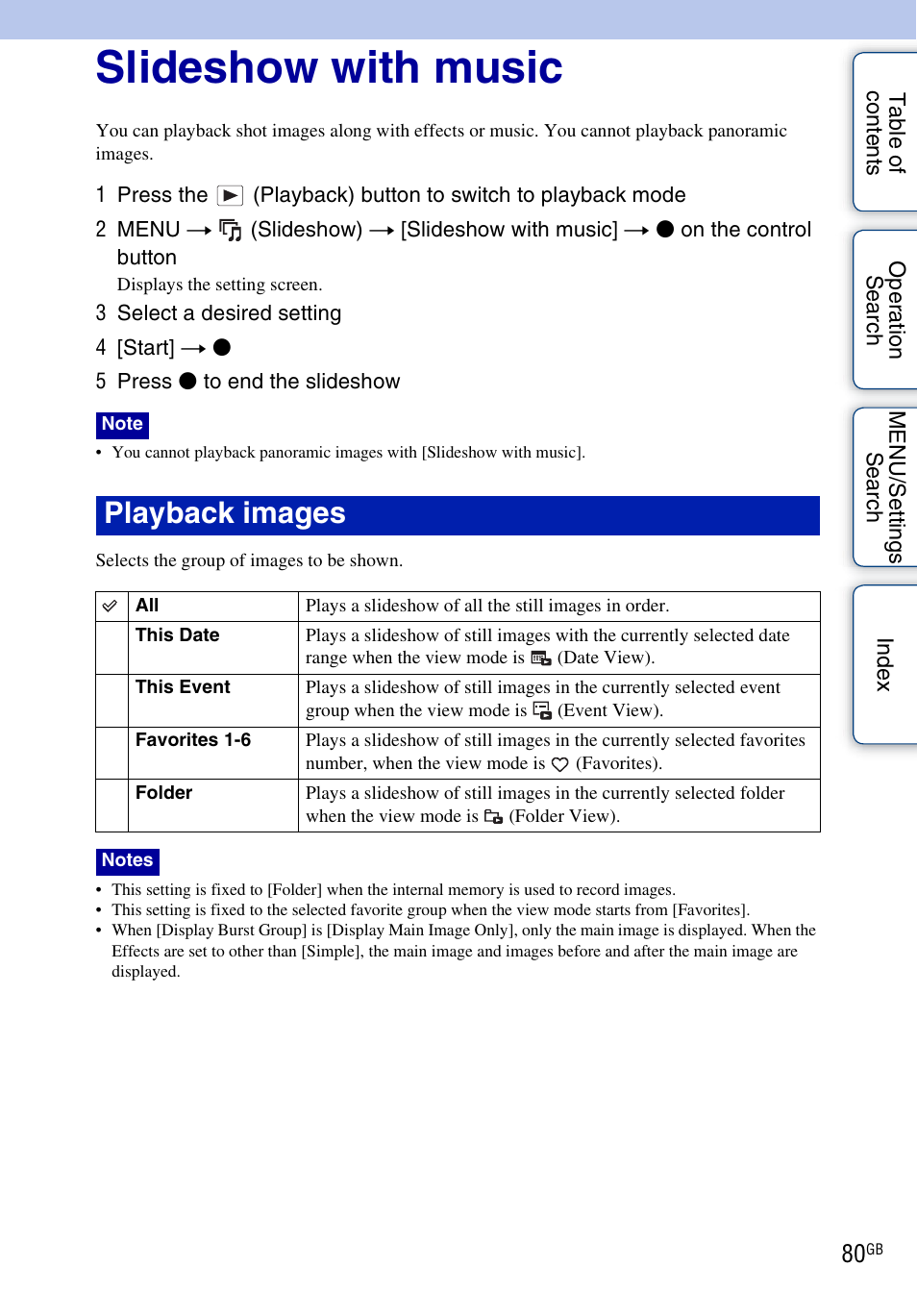 Slideshow with music, Playback images | Sony DSC-HX1 User Manual | Page 80 / 176