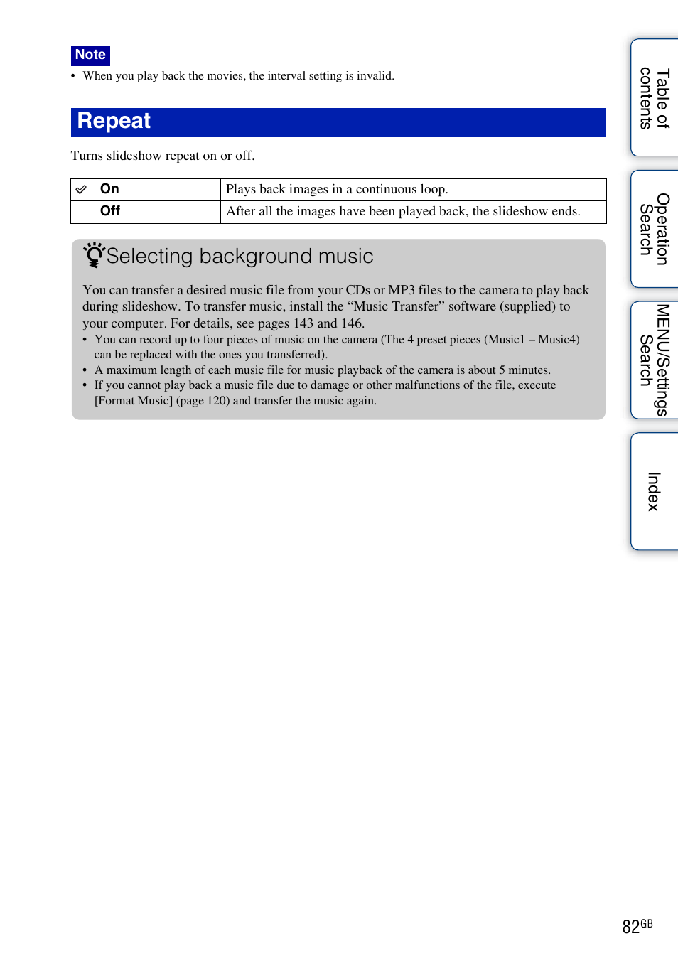 Repeat, Selecting background music | Sony DSC-HX1 User Manual | Page 82 / 176