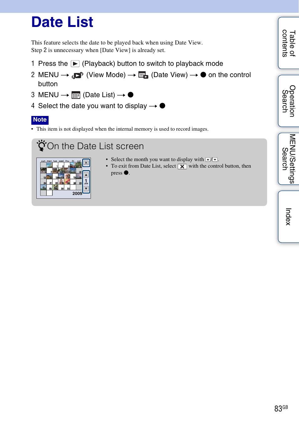 Date list, Date list), On the date list screen | Sony DSC-HX1 User Manual | Page 83 / 176