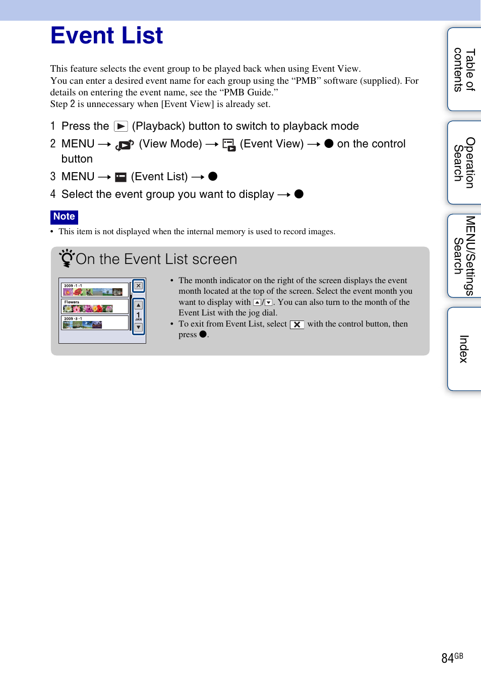 Event list, On the event list screen | Sony DSC-HX1 User Manual | Page 84 / 176