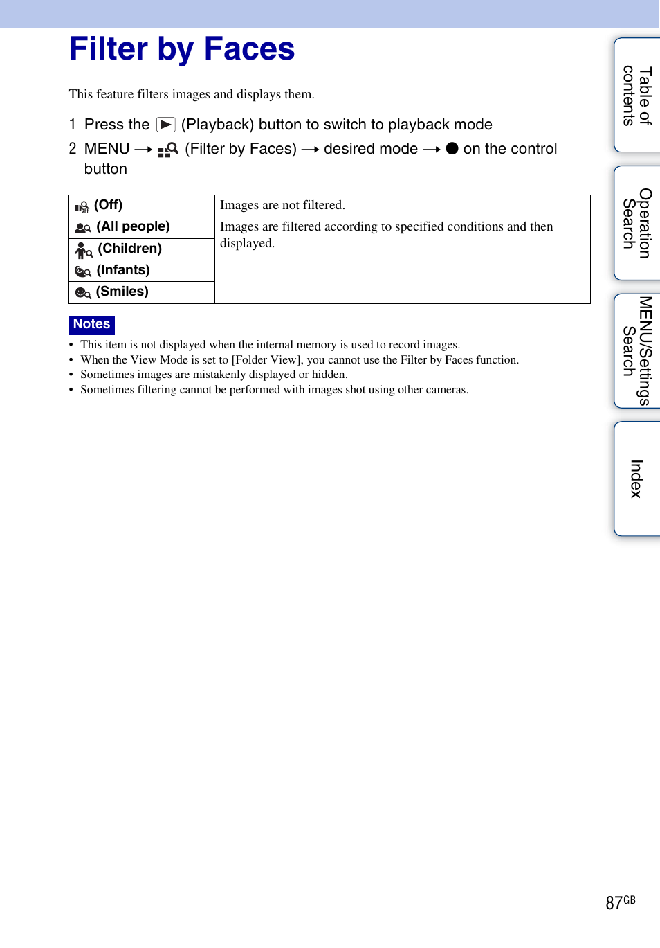 Filter by faces, Filter by faces) | Sony DSC-HX1 User Manual | Page 87 / 176