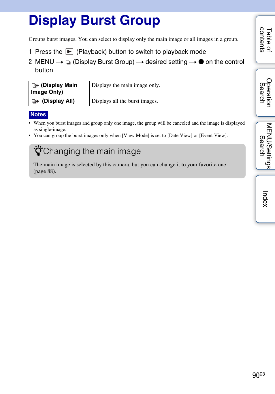 Display burst group, Display burst group), Changing the main image | Sony DSC-HX1 User Manual | Page 90 / 176