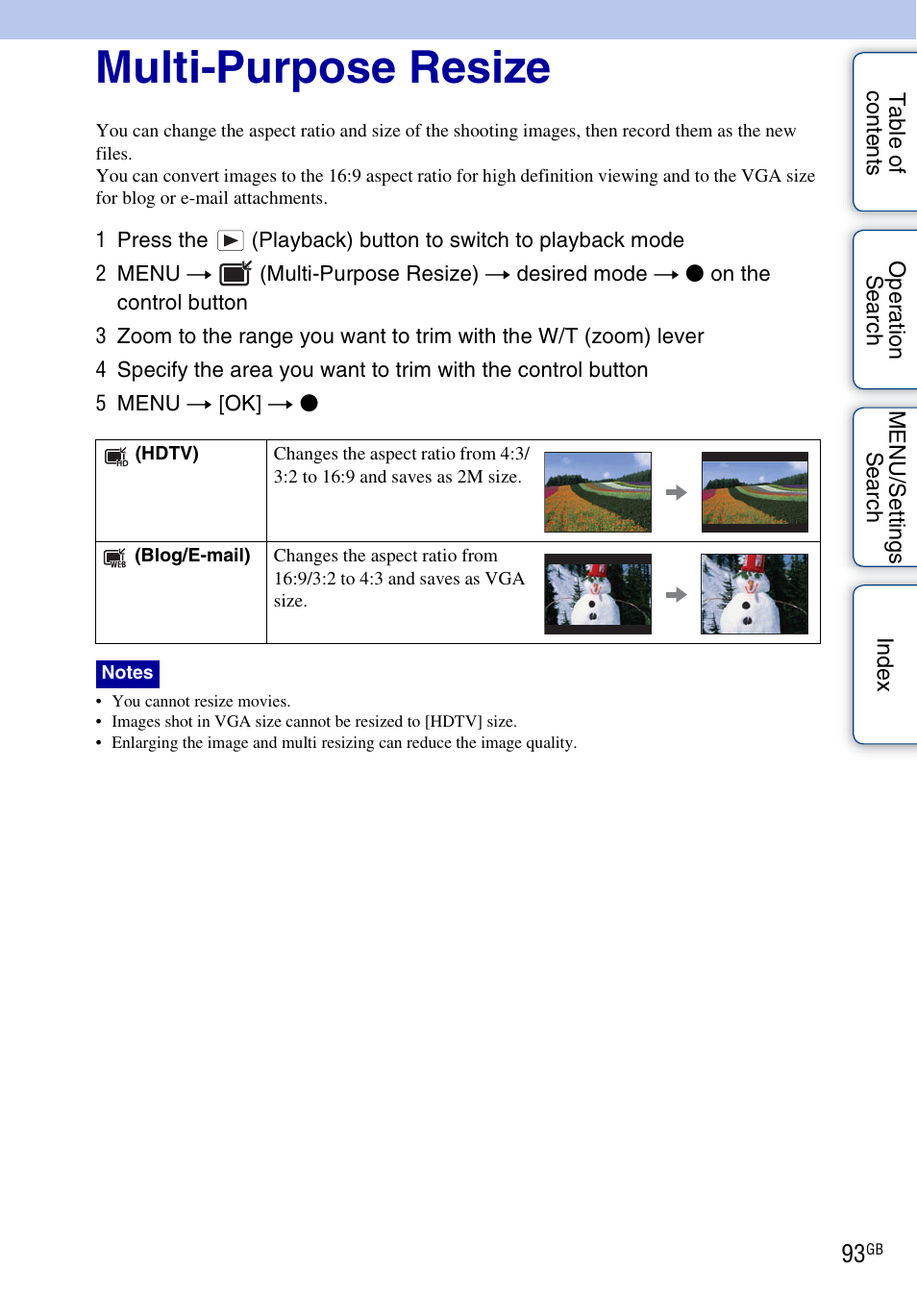 Multi-purpose resize, Multi-purpose, Resize | Sony DSC-HX1 User Manual | Page 93 / 176