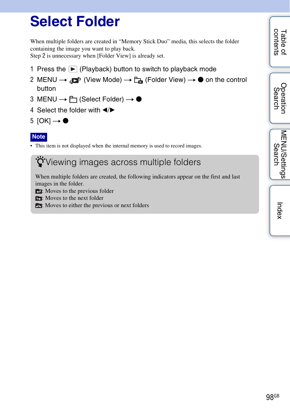 Select folder, Select folder), Viewing images across multiple folders | Sony DSC-HX1 User Manual | Page 98 / 176