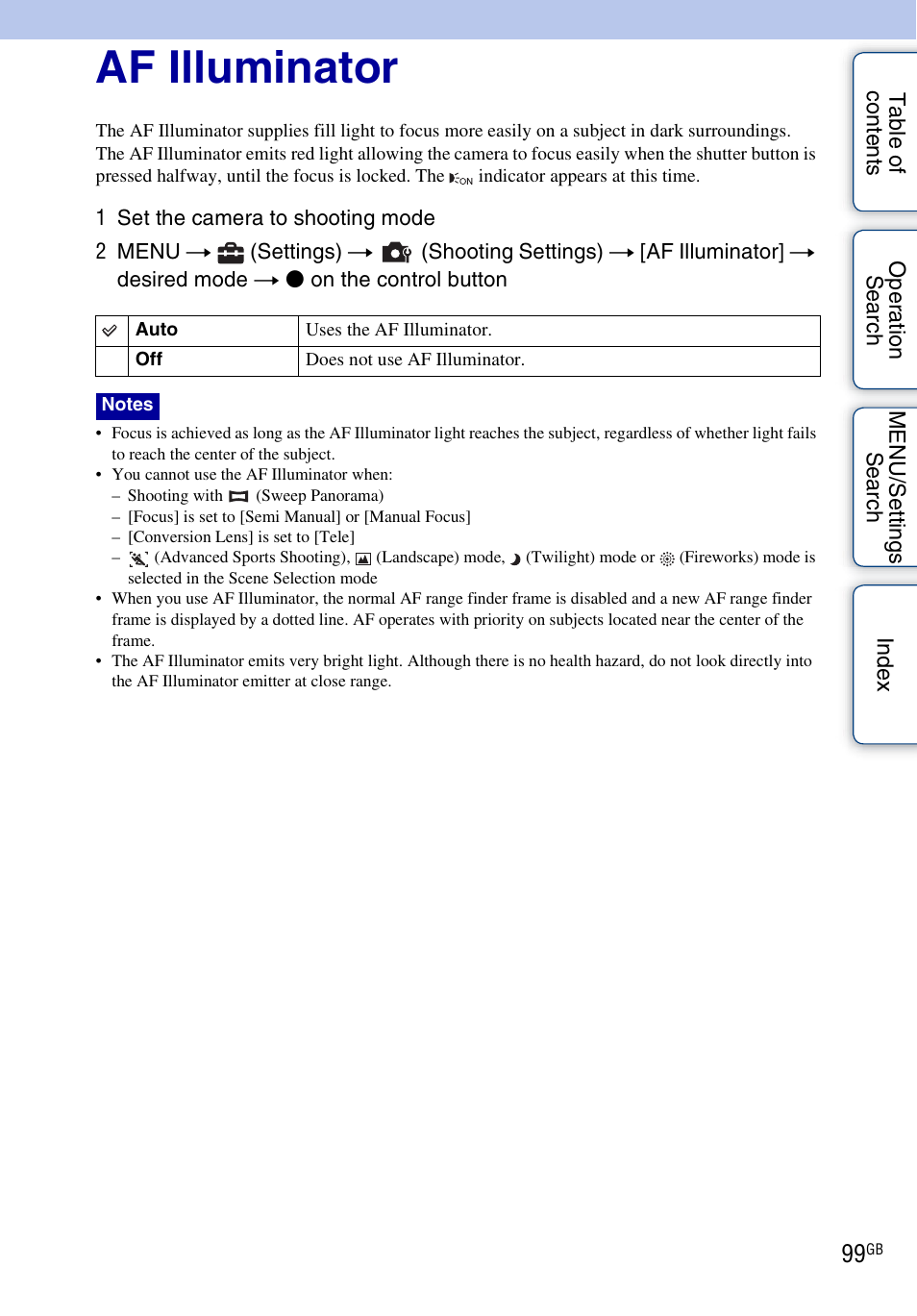 Af illuminator | Sony DSC-HX1 User Manual | Page 99 / 176