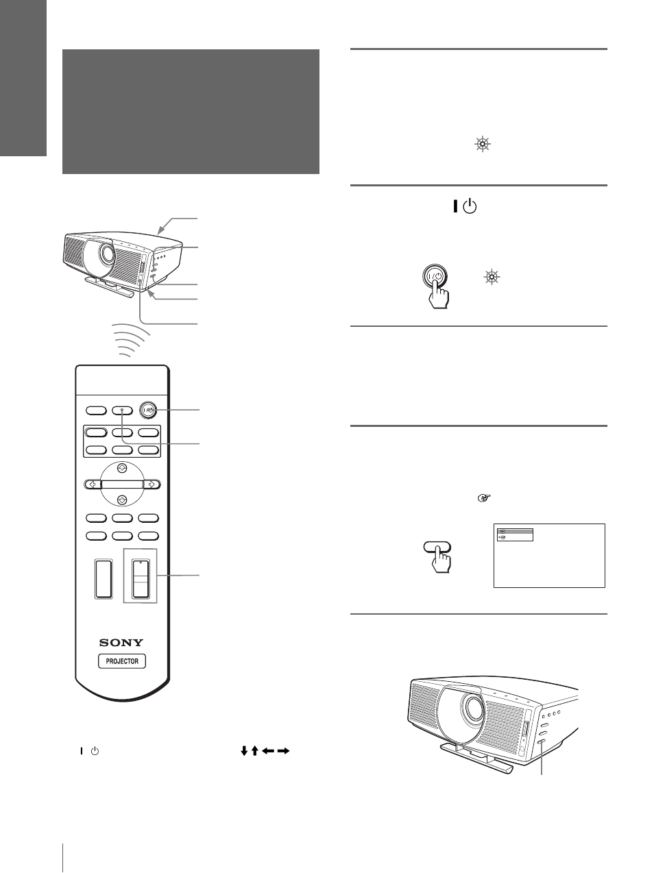 Step 3: adjusting the picture size and position, Fits the screen, Plug the ac power cord into a wall outlet | Press the [ / 1 (on/standby), Switch to turn on the projector, Turn on the equipment connected to the projector, Press input to project the picture on the screen | Sony VPL-HS10 User Manual | Page 16 / 208