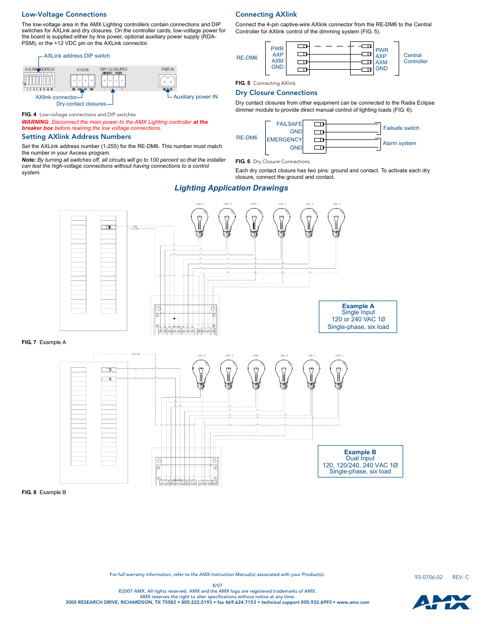 Low-voltage connections, Setting axlink address numbers, Connecting axlink | Dry closure connections, Lighting application drawings | AMX RADIA Eclips RE-DM6 User Manual | Page 2 / 2